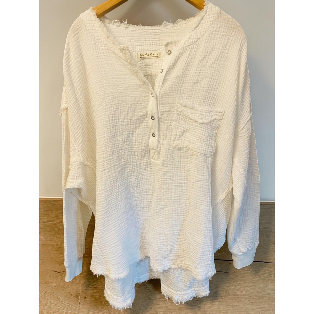 We The Free Muslin Henley White Gauze Raw Hem Oversized Women Medium Shirt